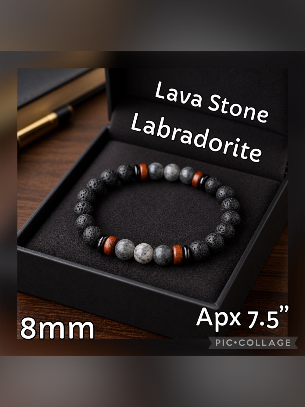 Lava Stone and Labradorite Beaded Crystal Bracelet with Wood Accents